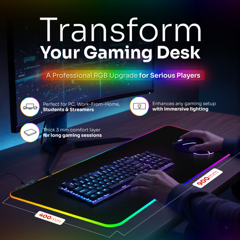 RGB mouse pad on a gaming desk, 900 by 400 mm, 3 mm thick
