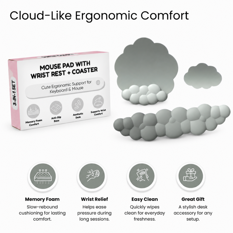 3-in-1 set in its gift box: mouse pad with wrist rest, keyboard rest and coaster