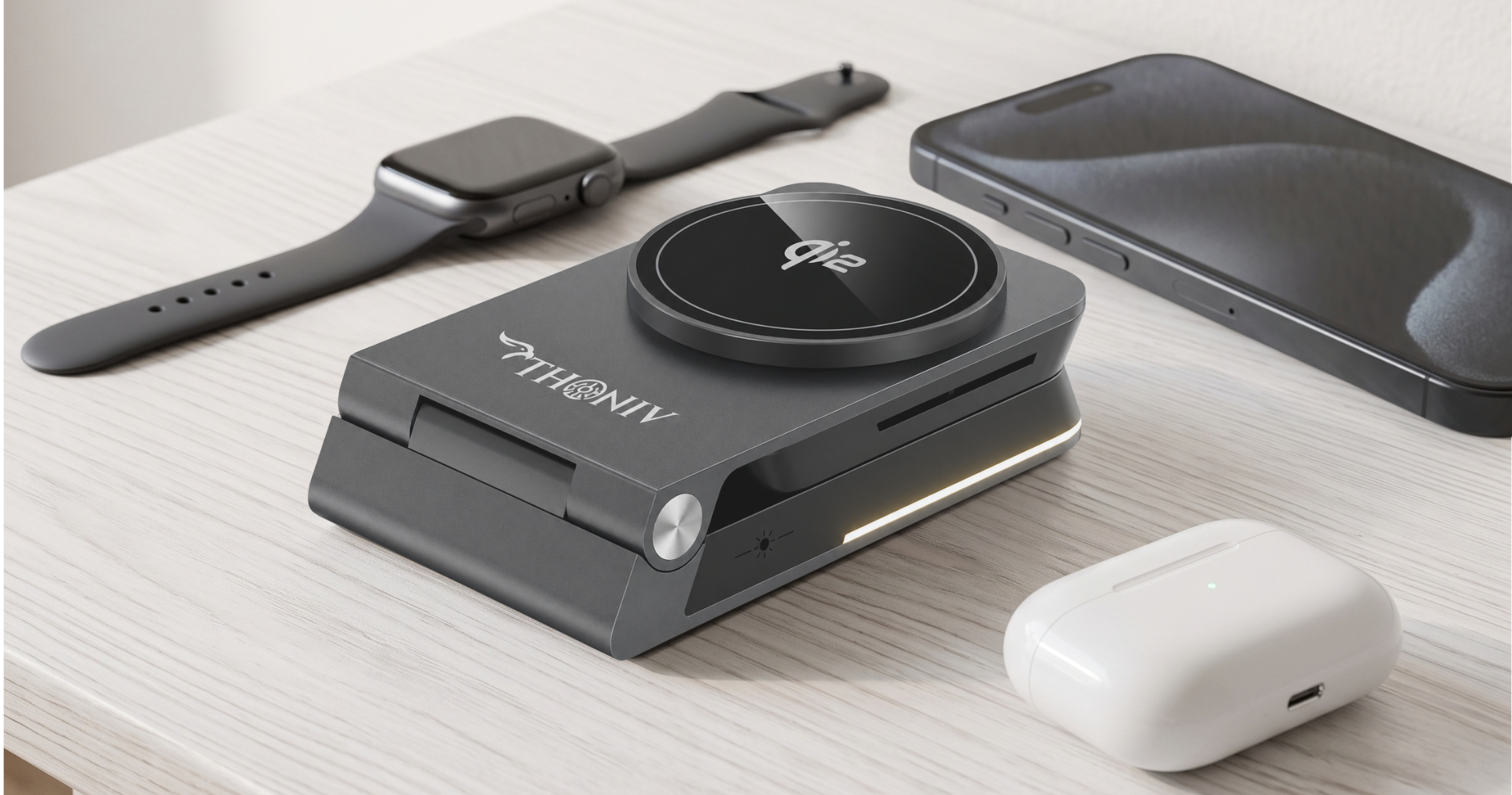 THONIV 3-in-1 Qi2 charger on a desk with iPhone, AirPods and Apple Watch