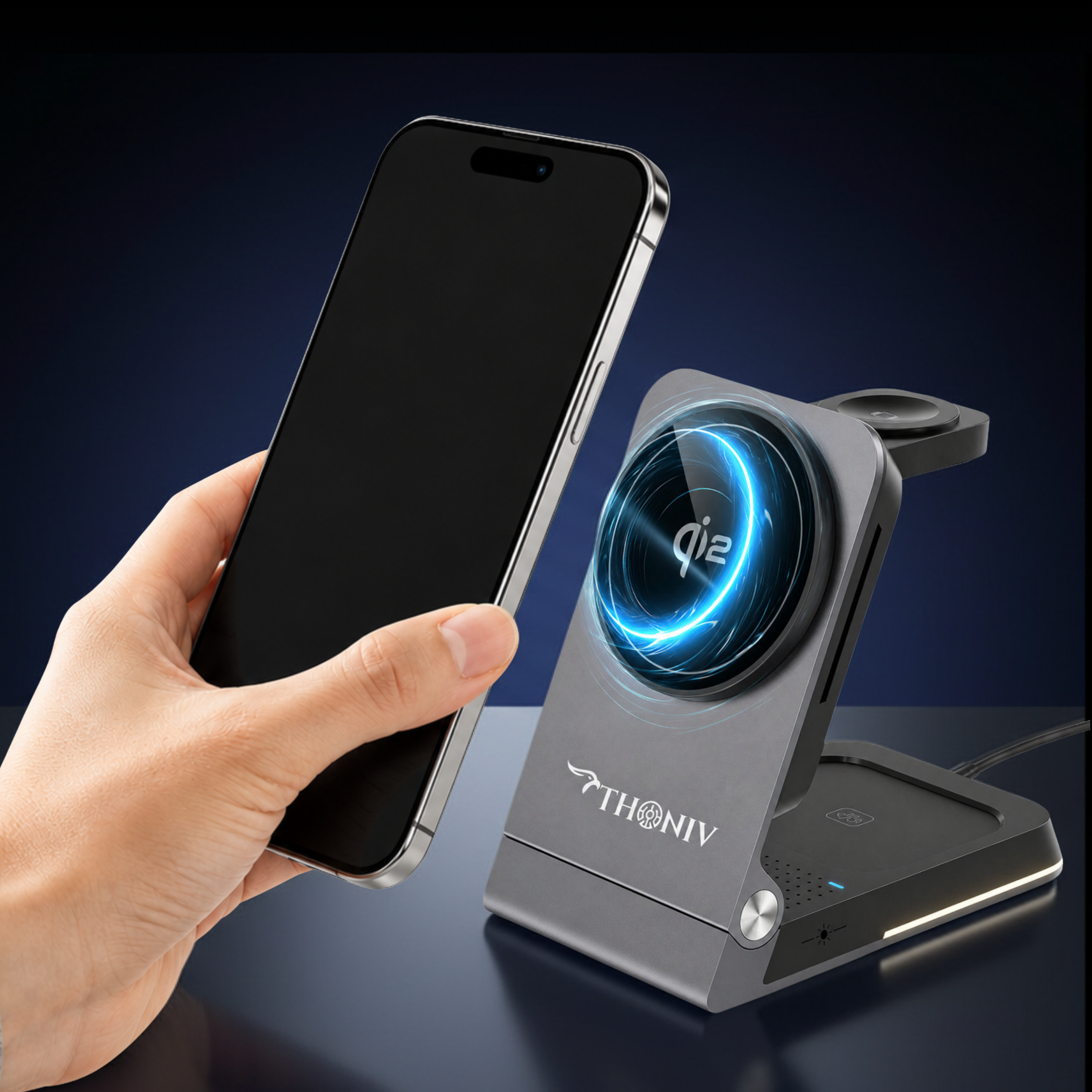 iPhone snapping onto the THONIV Qi2 magnetic charger